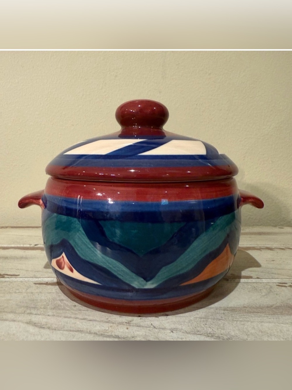 VTG Gail Pittman Signed Casserole Dish Lid Hand Painted Art Pottery Abstract